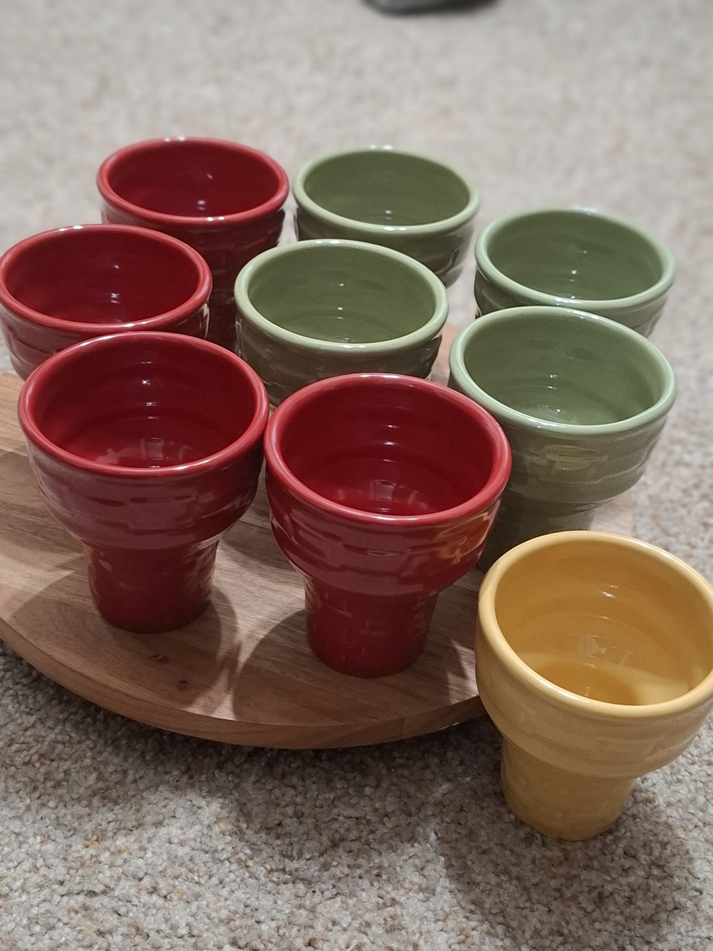 Longaberger Red, Green & Yellow Glazed Ceramic Cups - Set of 9